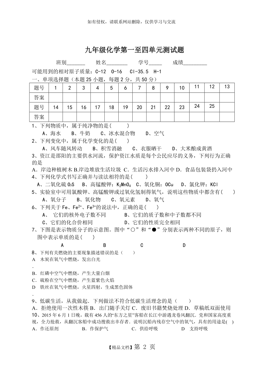 九年级化学第一至四单元测试题及答案 - 副本.doc_第2页