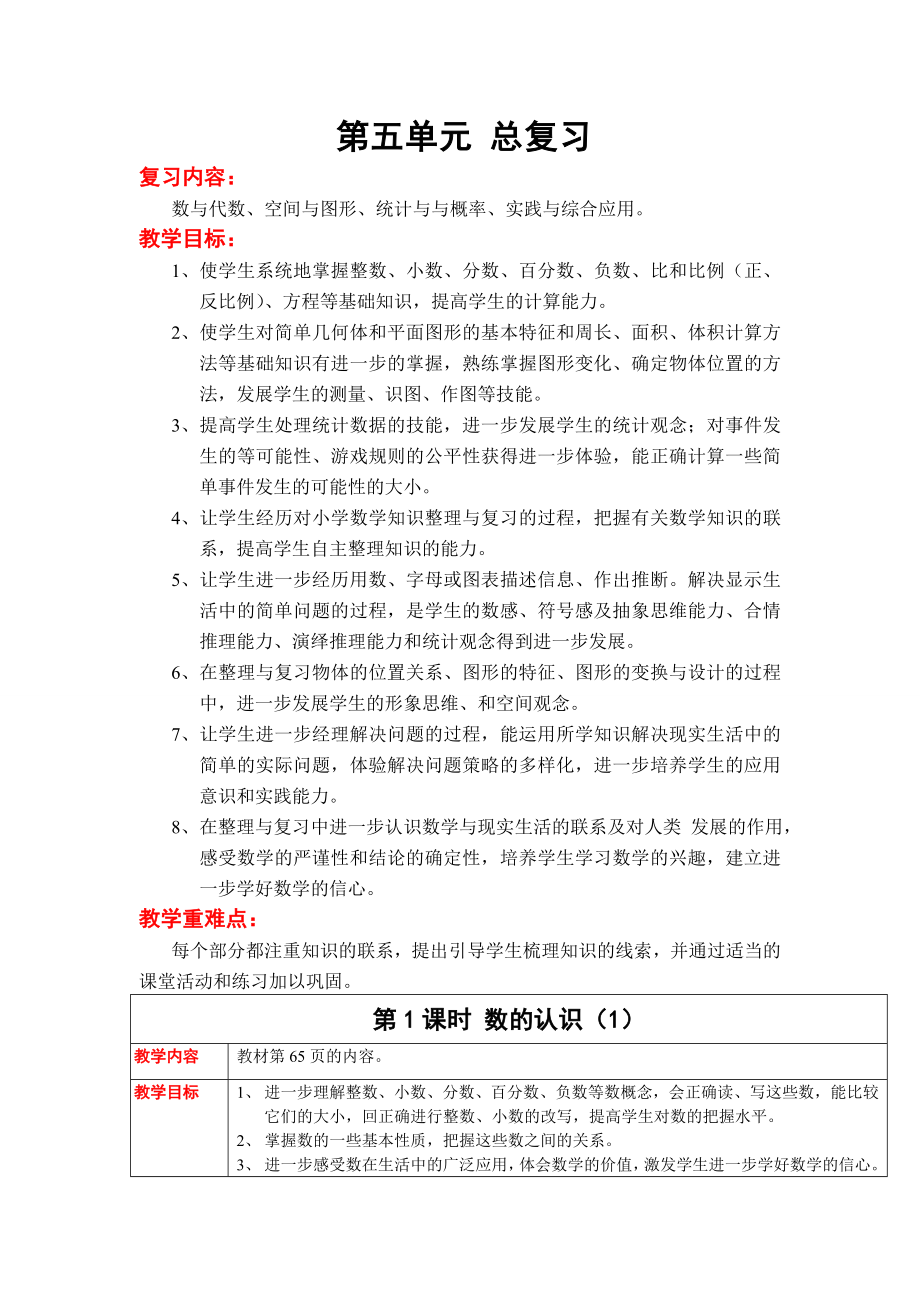 西师版六年级下册数学第五单元总复习 教案.doc_第1页