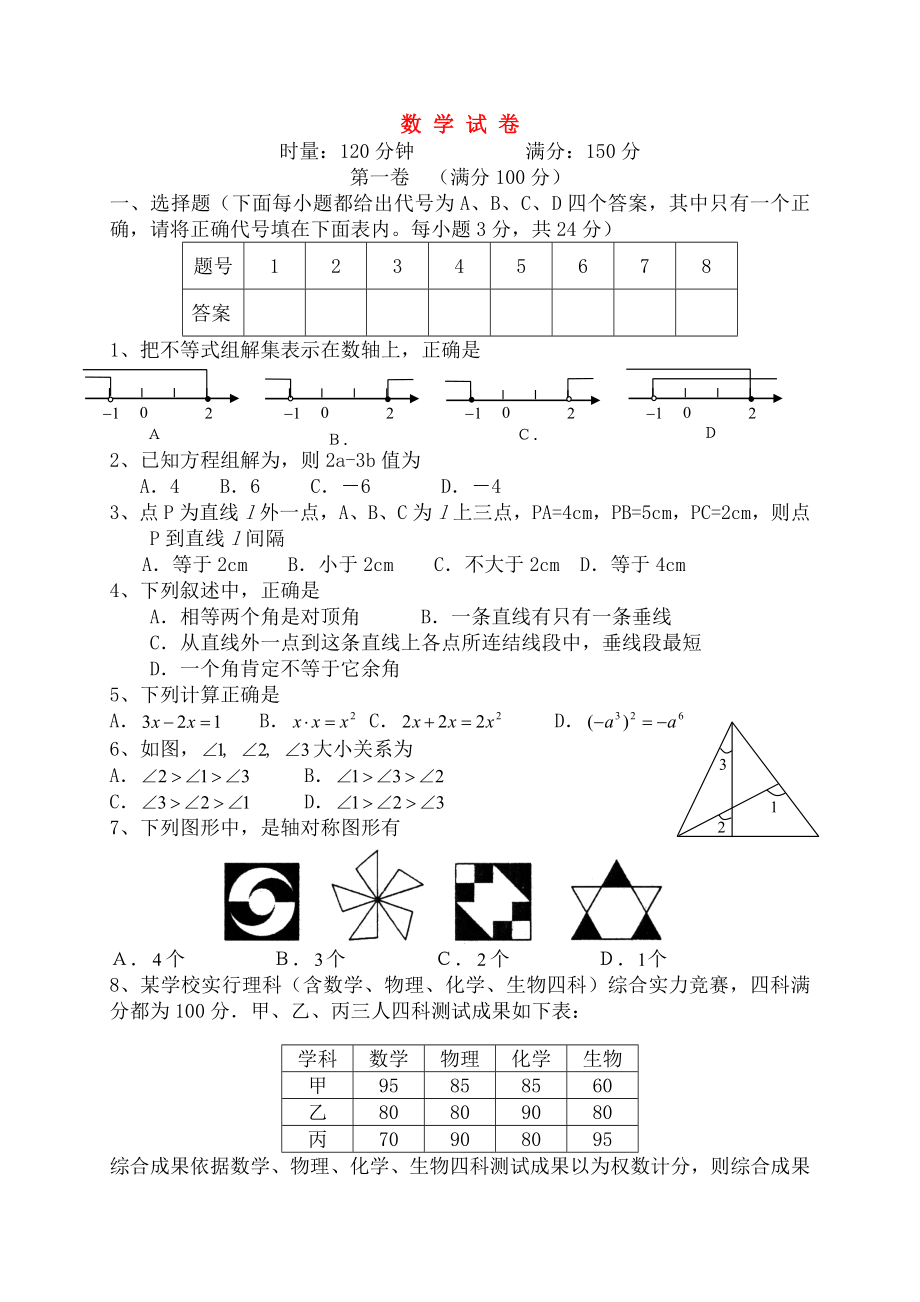 七年级数学下册全册综合测试题湘教版.docx_第1页