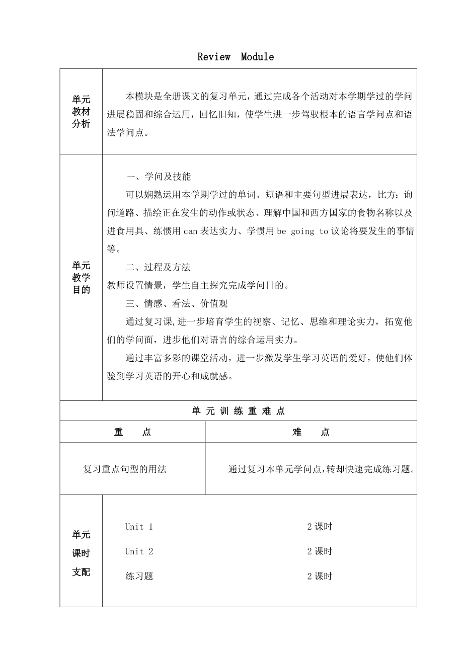 新标准外研版四年级英语上册复习模块ReviewModule教案1.docx_第1页