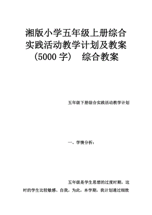 湘版小学五年级上册综合实践活动教学计划及教案-(5000字)--综合教案.doc