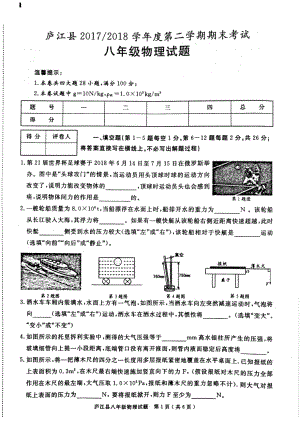 庐江县20172018学年度第二学期期末考试八年级物理试题与答案.docx