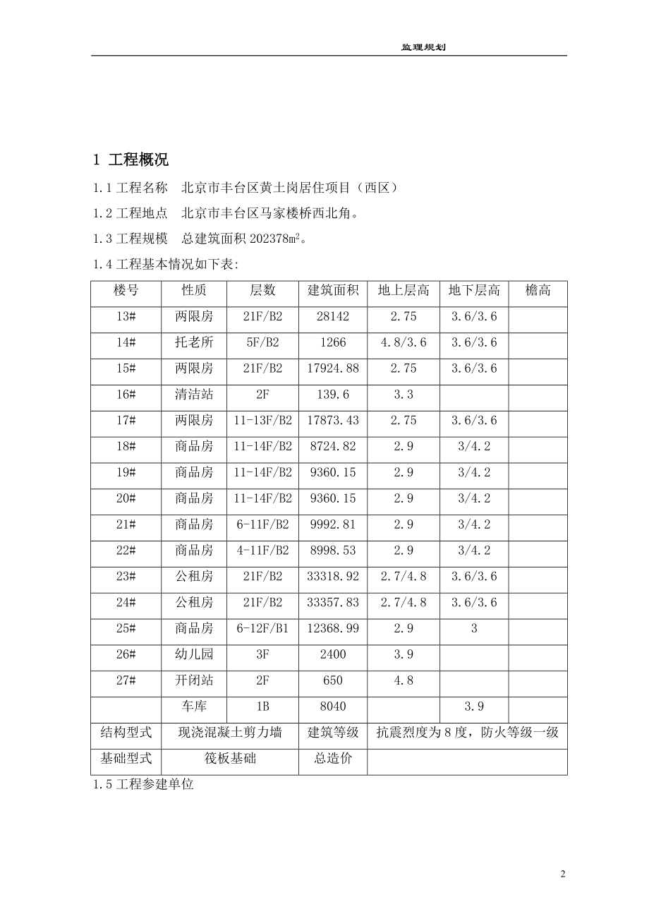 北京市丰台区黄土岗居住项目监理规划.doc_第2页