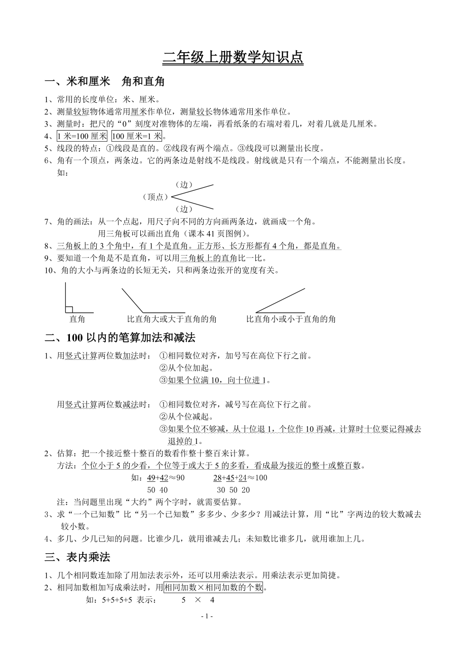 人教版小学二年级数学上册重难点.doc_第1页