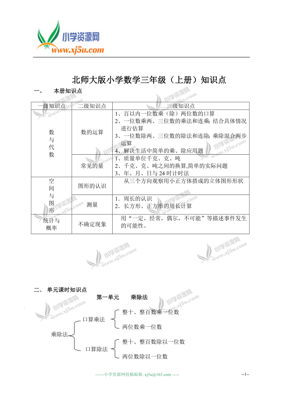 北师大版小学数学三年级（上册）知识点.doc_第1页