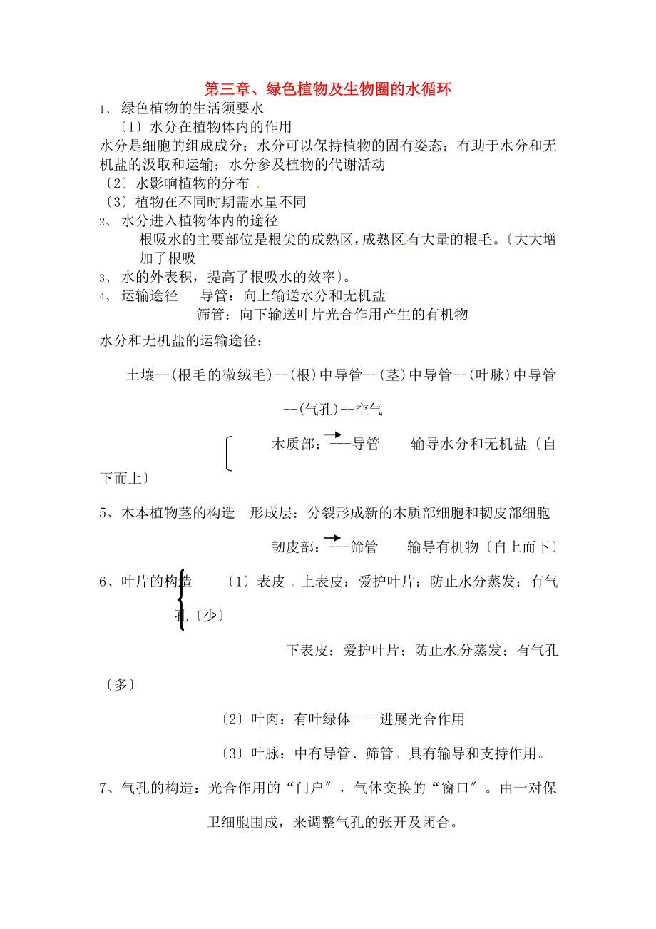 年级生物上册-第三单元-绿色植物与生物圈的水循环知识点汇总-新人教版.docx_第1页