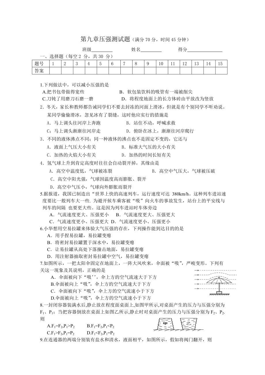 新人教版八年级物理下册第九章压强单元测试题有答案.docx_第1页