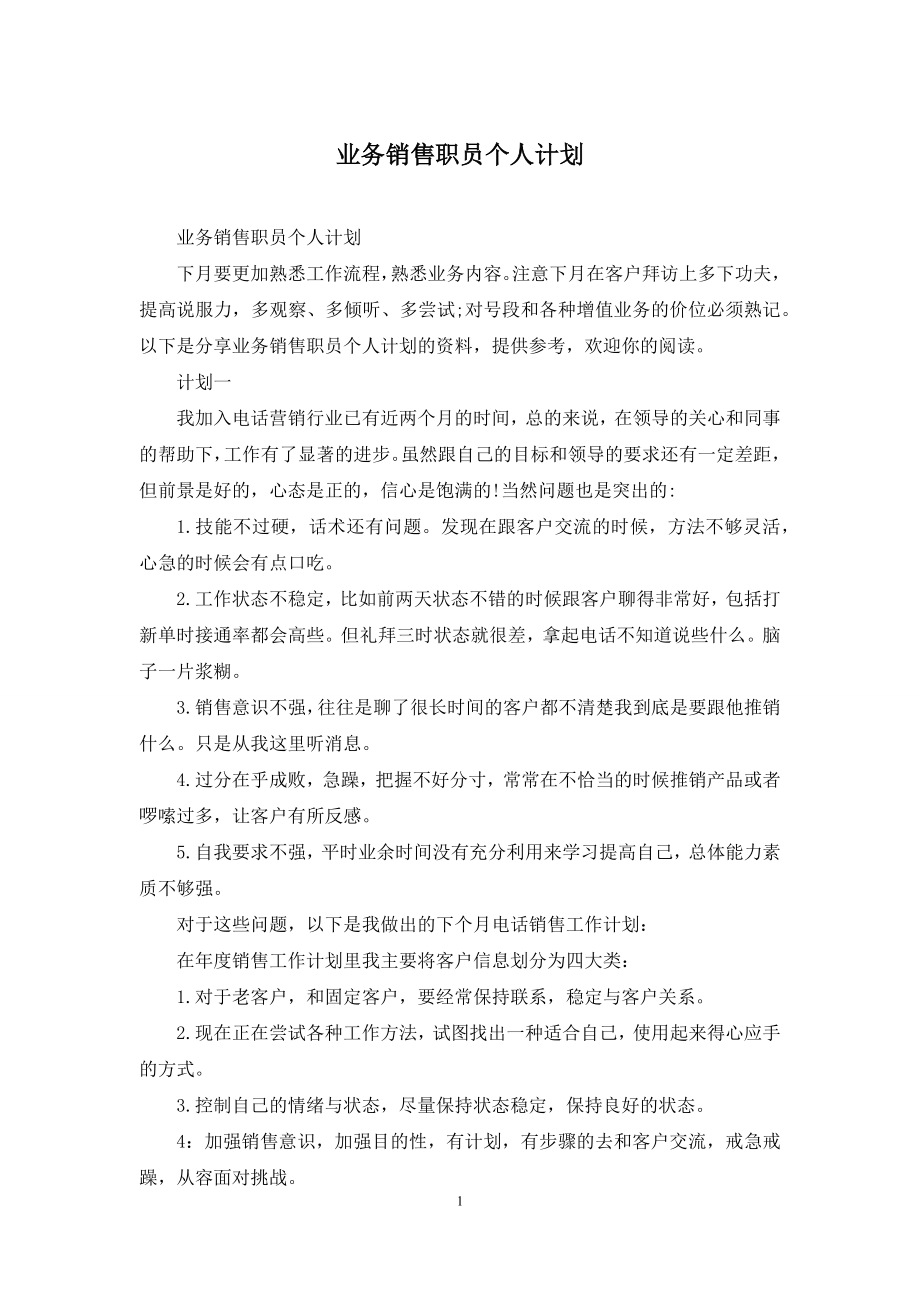 业务销售职员个人计划.docx_第1页