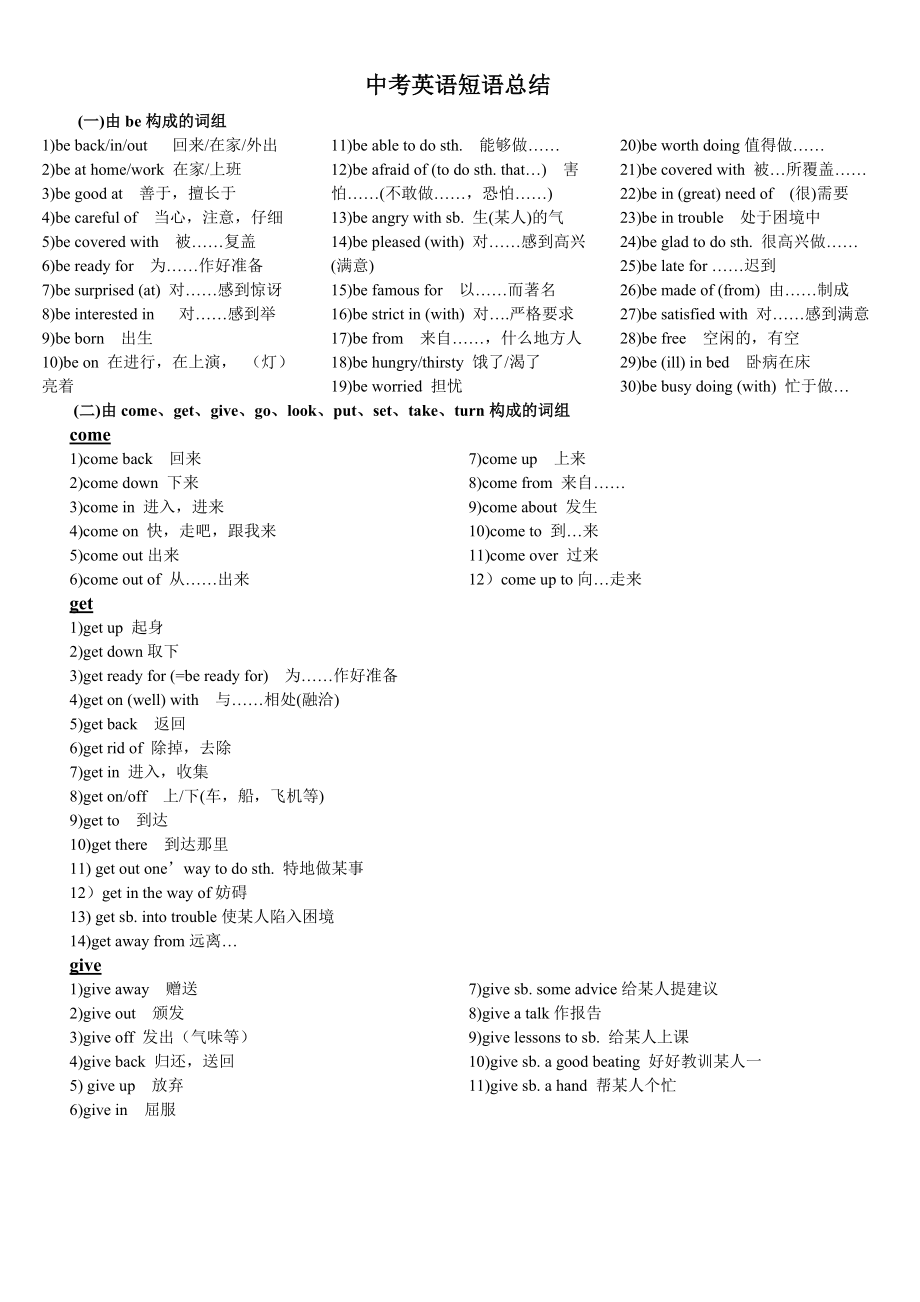 中考英语常用短语总结（精品）.doc_第1页