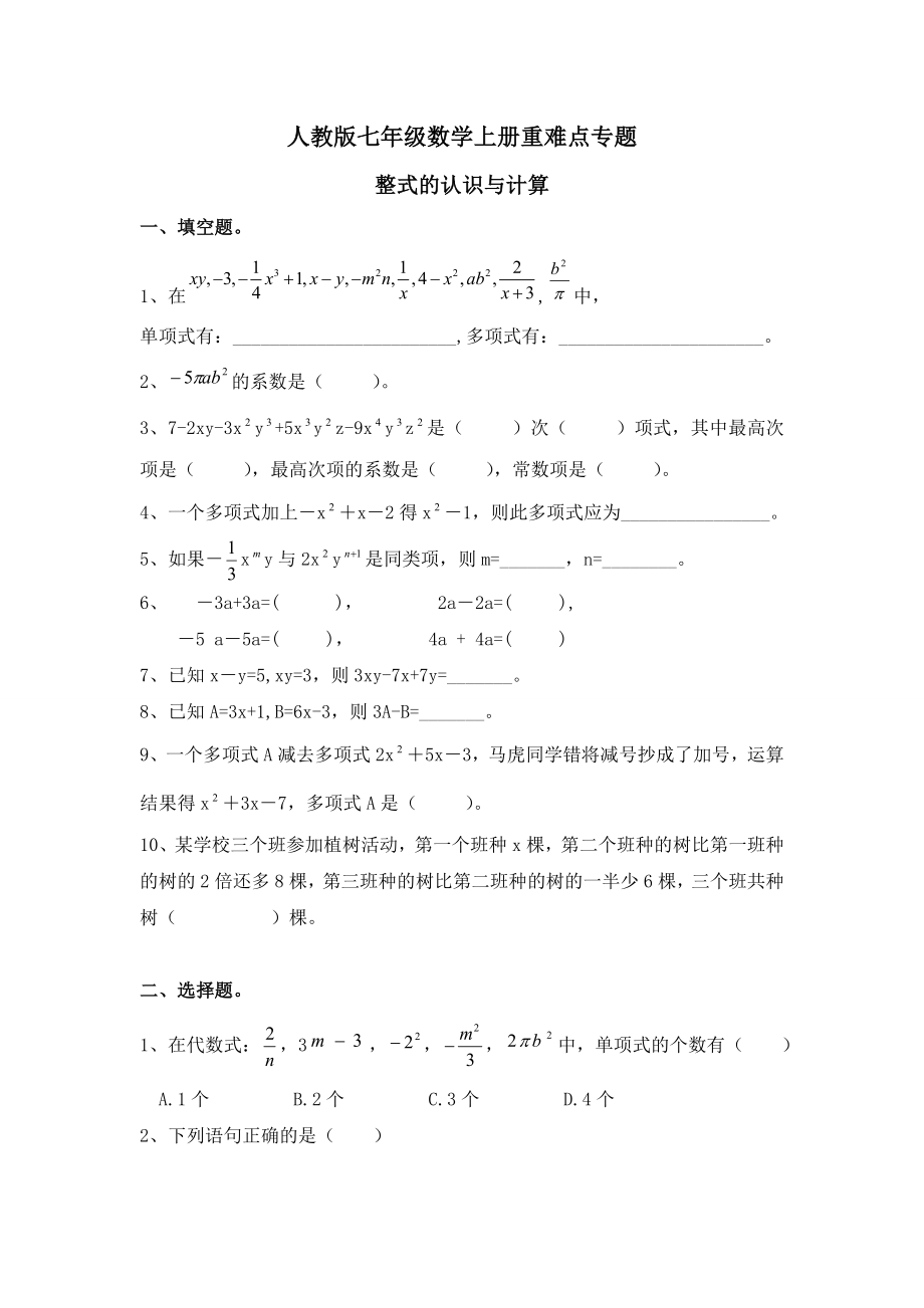 人教版七年级数学上册重难点专题整式的认识与计算及答案.doc_第1页