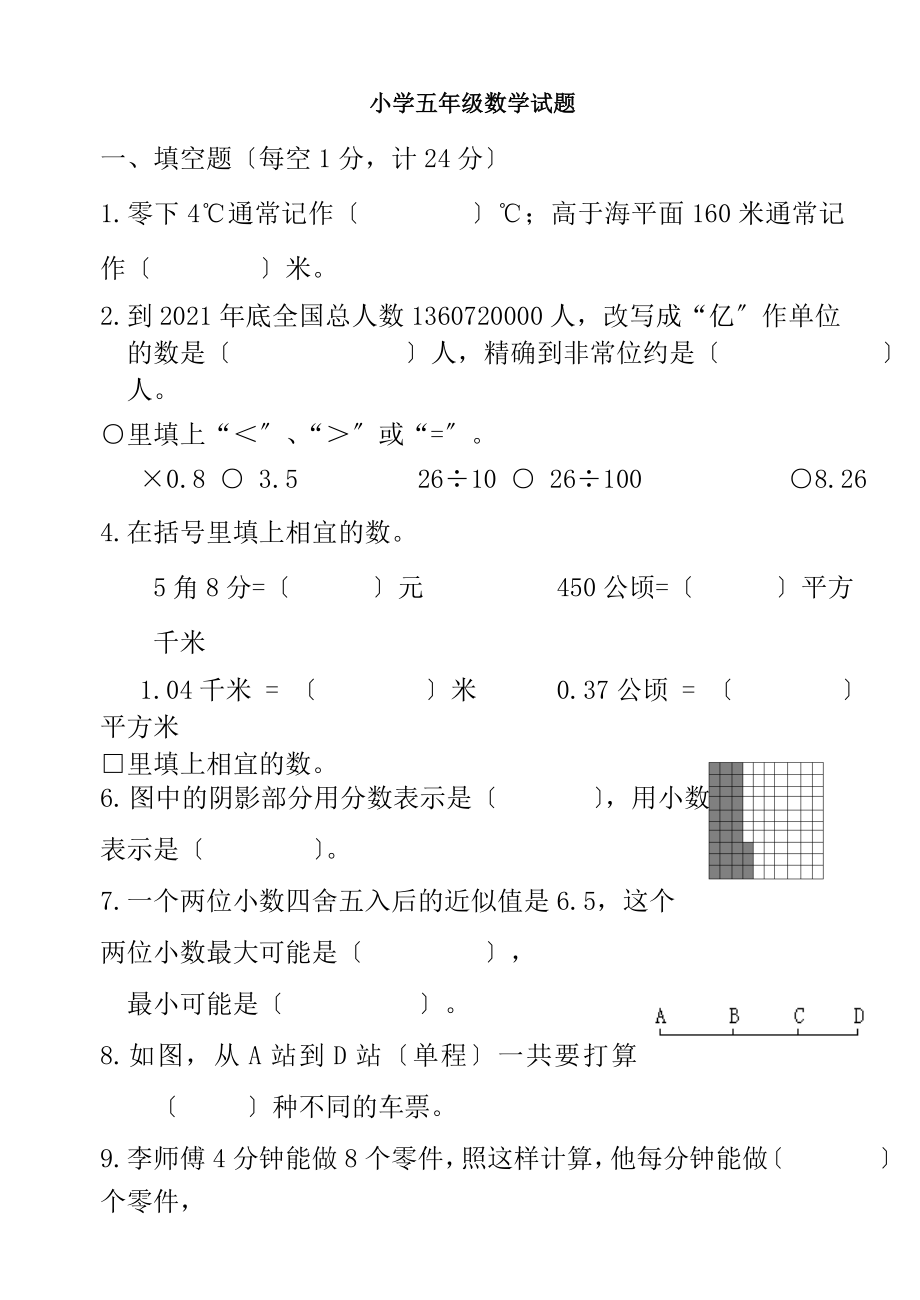 五年级上数学期末试卷及复习资料.docx_第1页