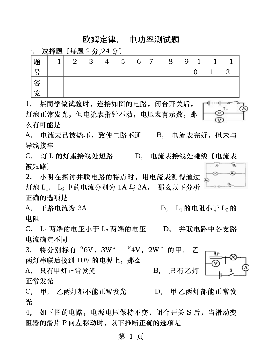 欧姆定律电功率综合测试题及答案.docx_第1页