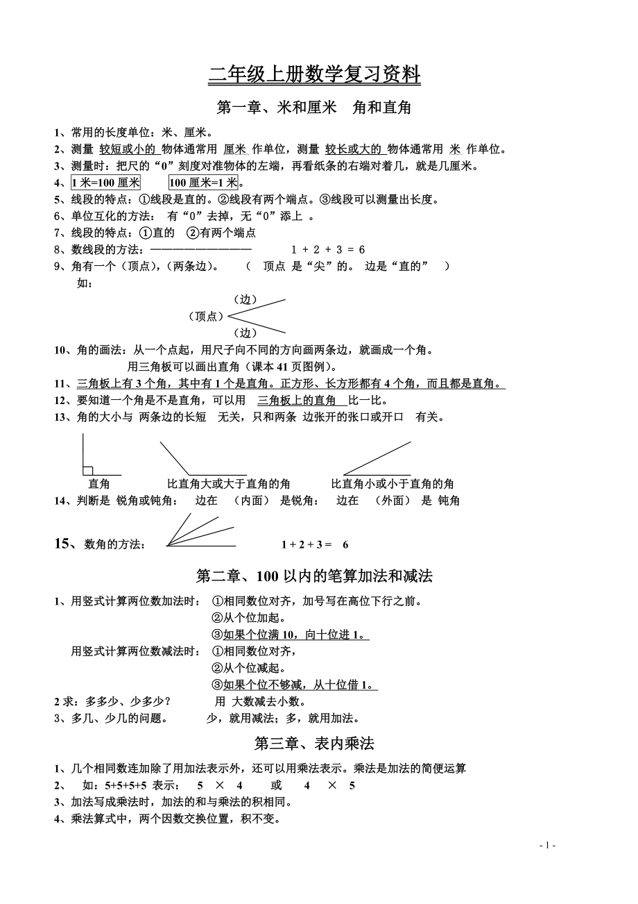 人教版小学二年级数学上册重难点复习资料总结.doc_第1页