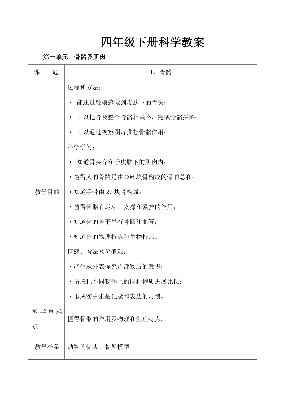 苏教版小学四年级科学下册教学设计全册教案1.docx_第1页