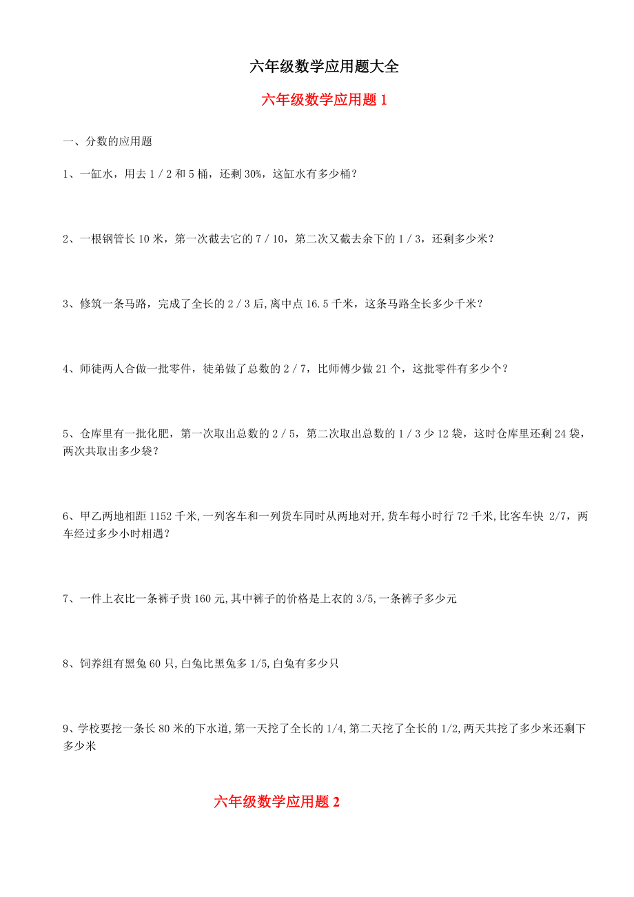 苏教版六年级数学应用题大全复习资料附后.docx_第1页