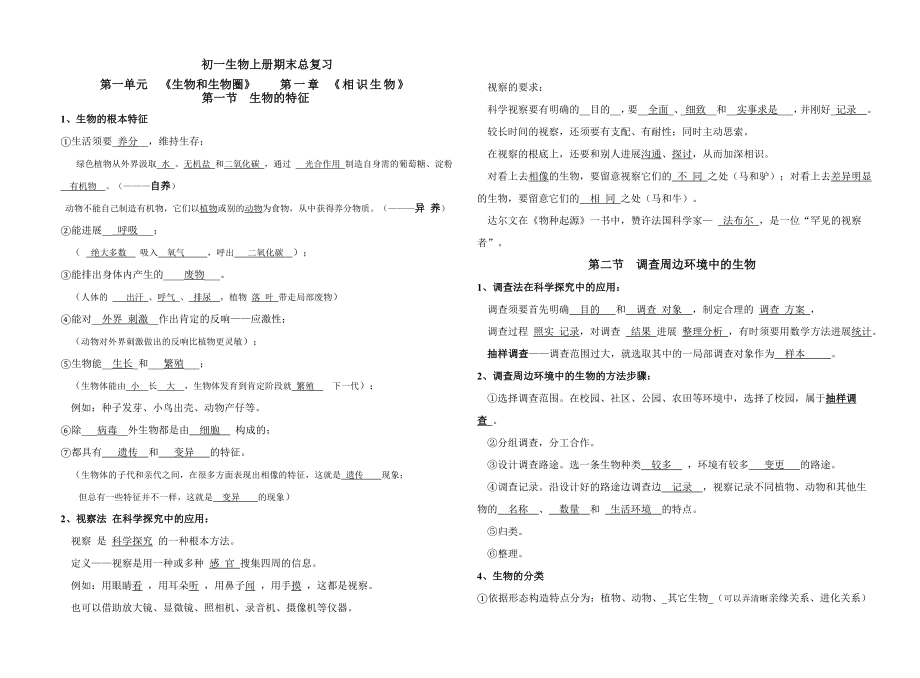 鲁教版初一生物上册复习提纲有答案.docx_第1页