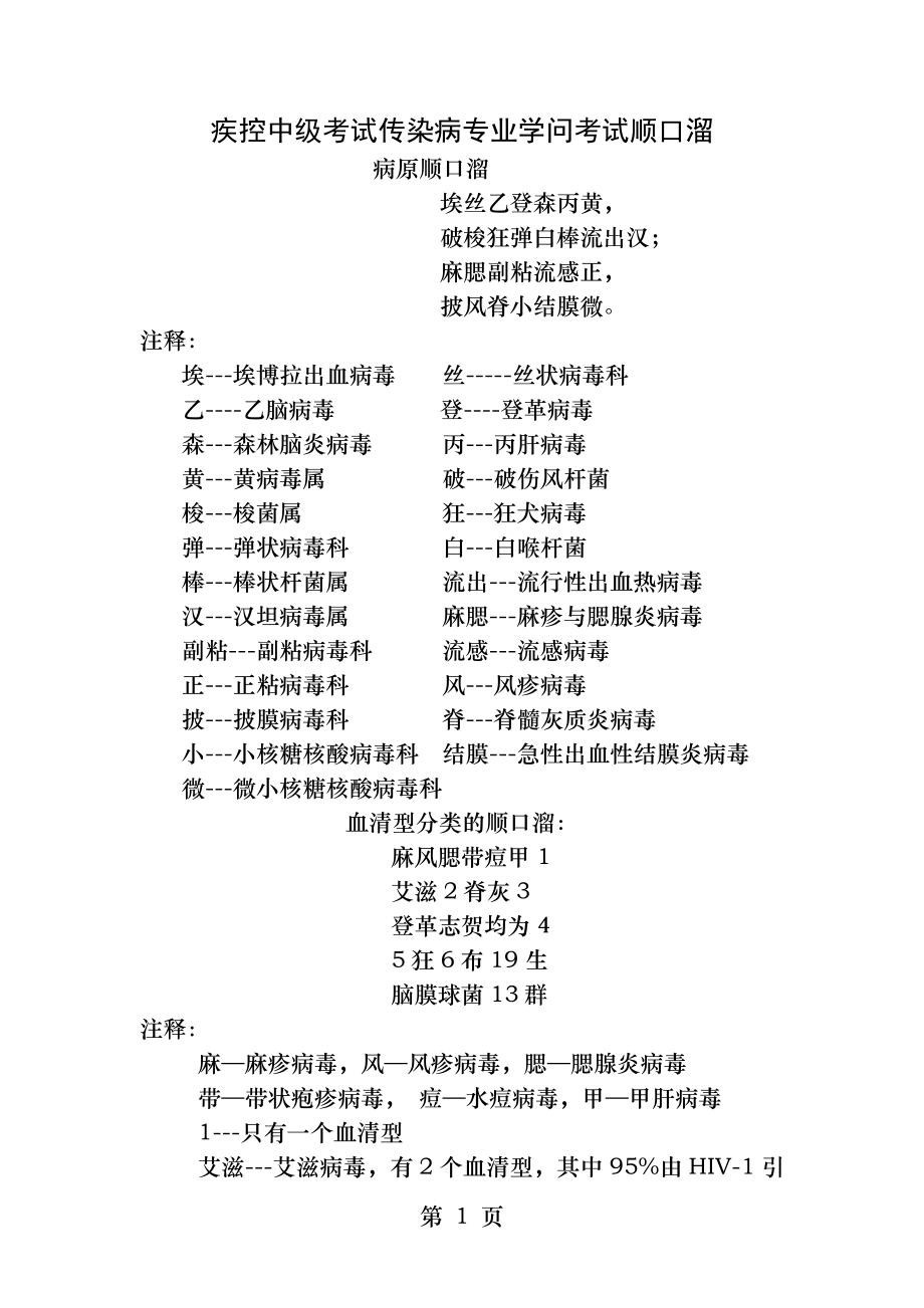 疾病控制(中级)传染病专业知识考试顺口溜1.docx_第1页