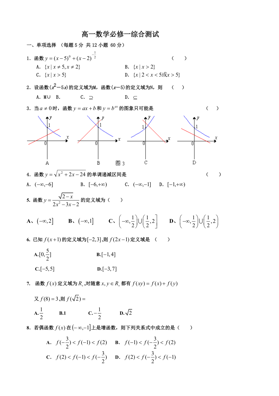 新人教版高一数学必修一综合测试含答案解析.docx_第1页