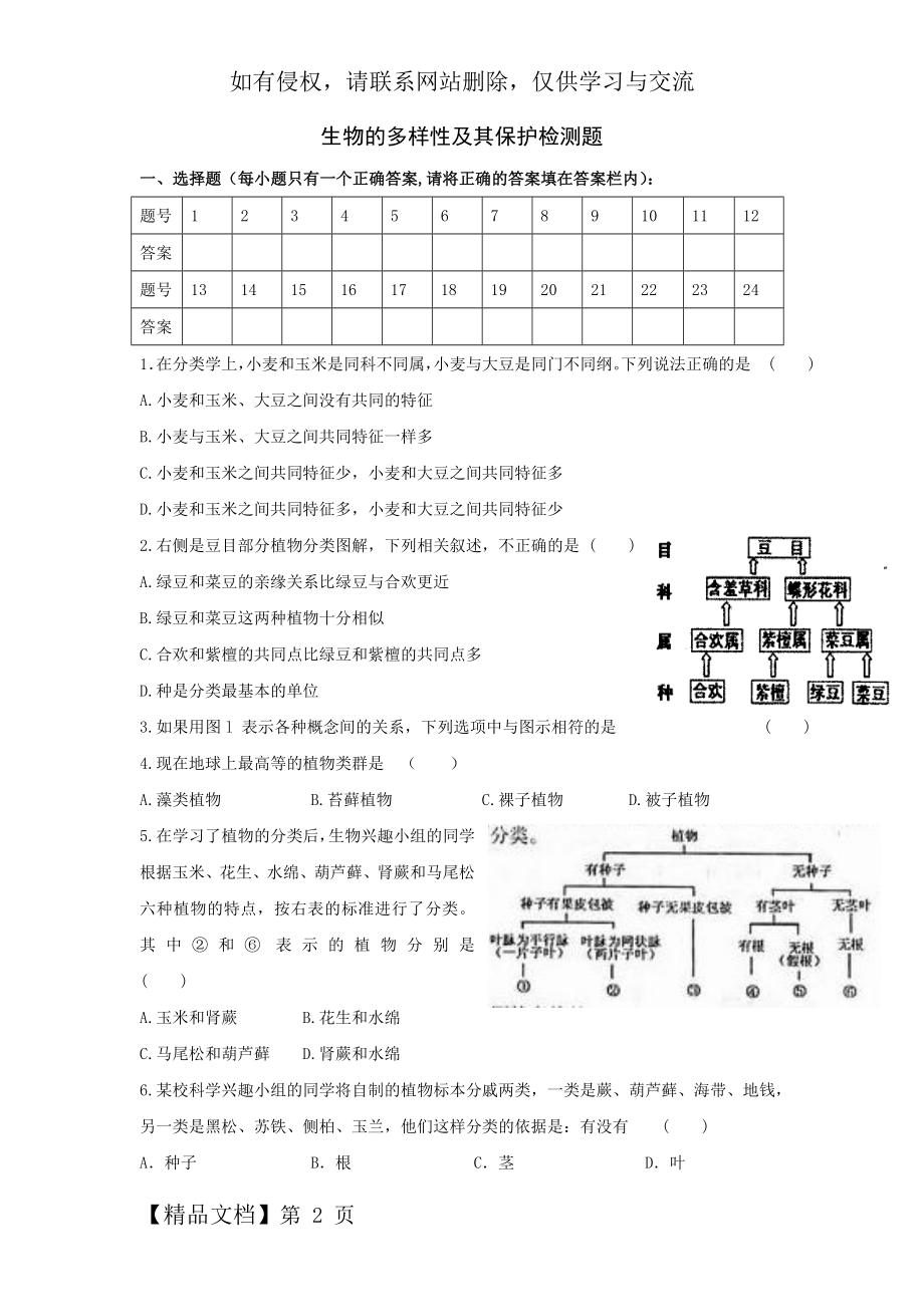 中考生物一轮复习测试题：生物的多样性及其保护.doc_第2页