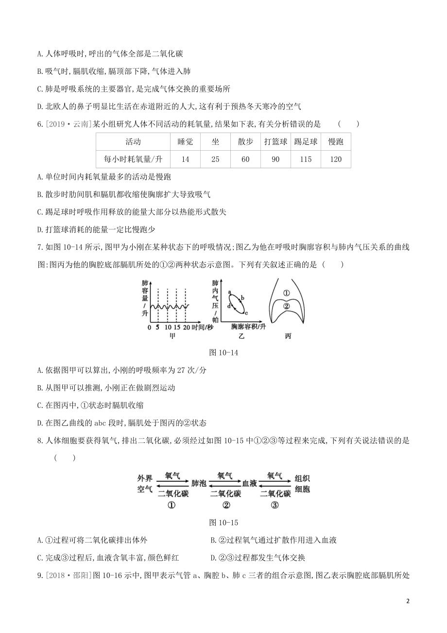 2021中考生物复习方案第四单元生物圈中的人第10课时人体的呼吸试题（含答案）.docx_第2页