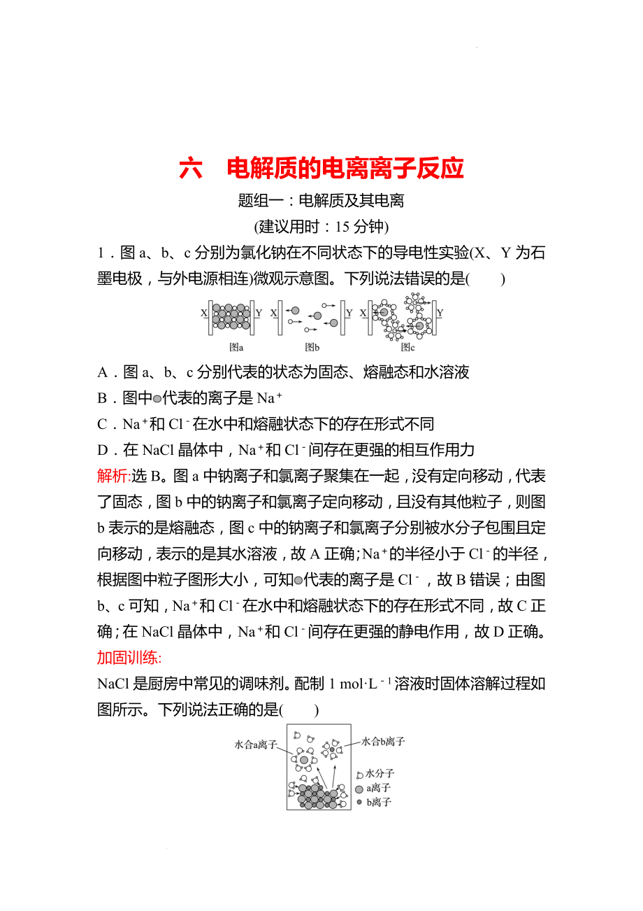 鲁科版 2023高考化学 一轮复习 六 电解质的电离离子反应 课时练习 （教师版）.docx_第1页