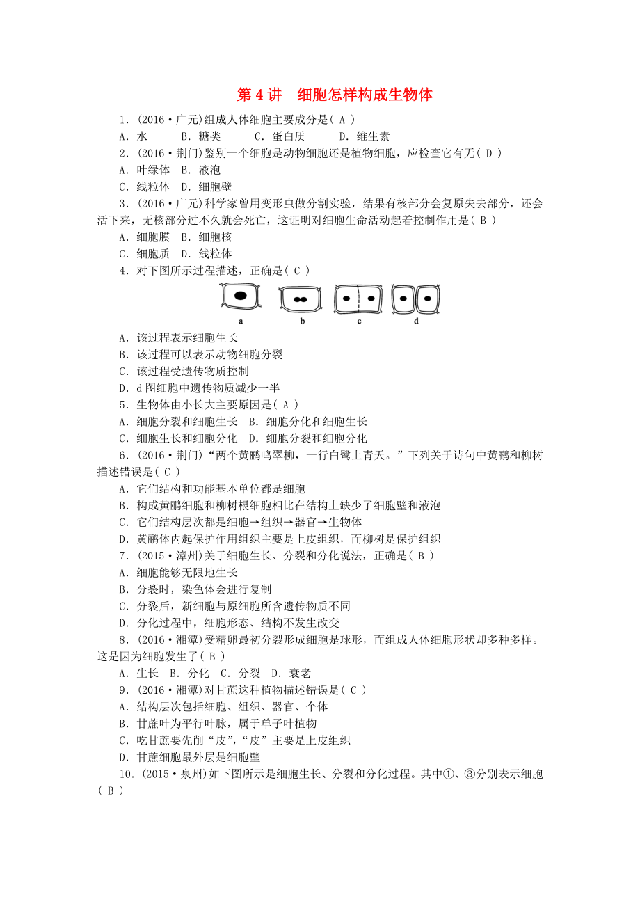 中考生物第二单元生物体的结构层次第讲细胞怎样构成生物体.docx_第1页