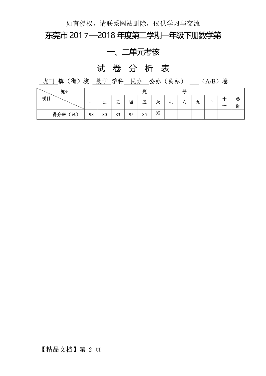 一年级数学第一二单元试卷分析.doc_第2页