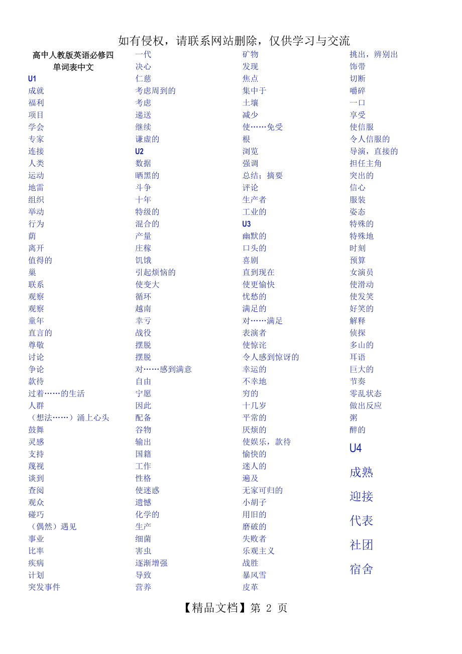 高中人教版英语必修四单词表中文.doc_第2页