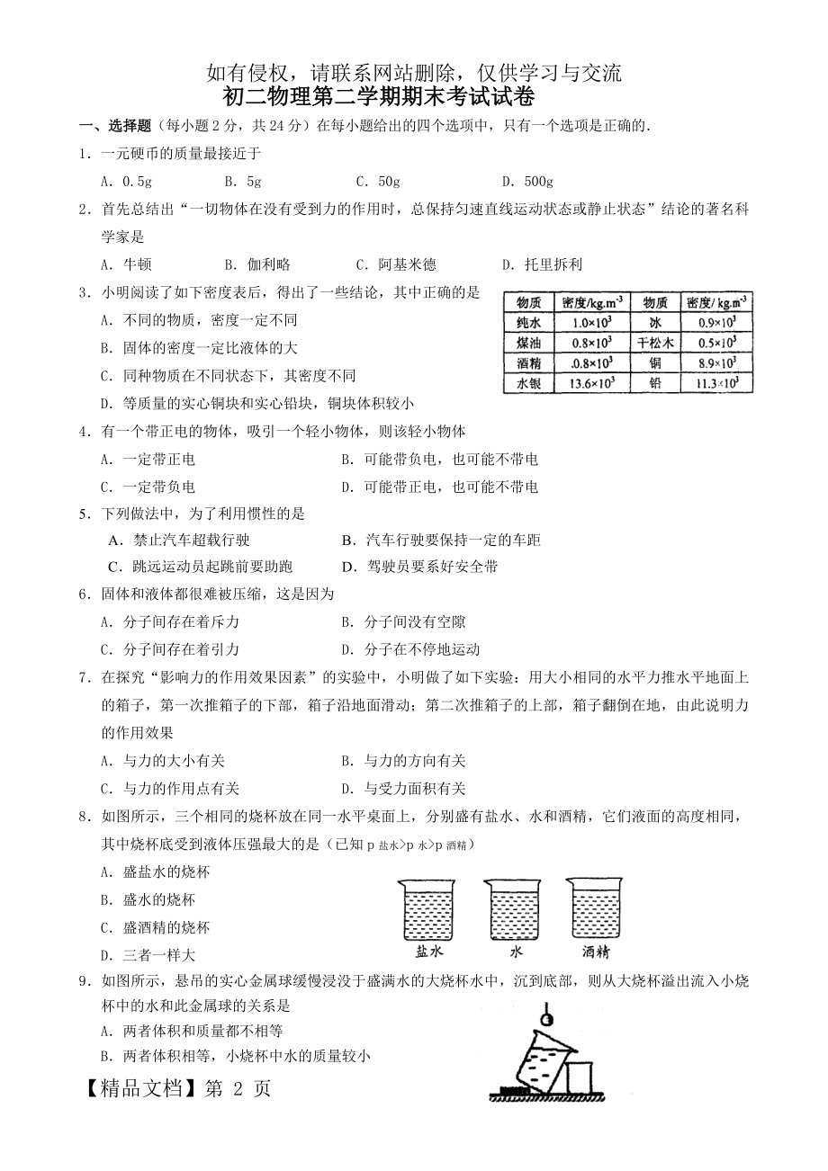 八年级物理第二学期期末考试试卷与答案.doc_第2页