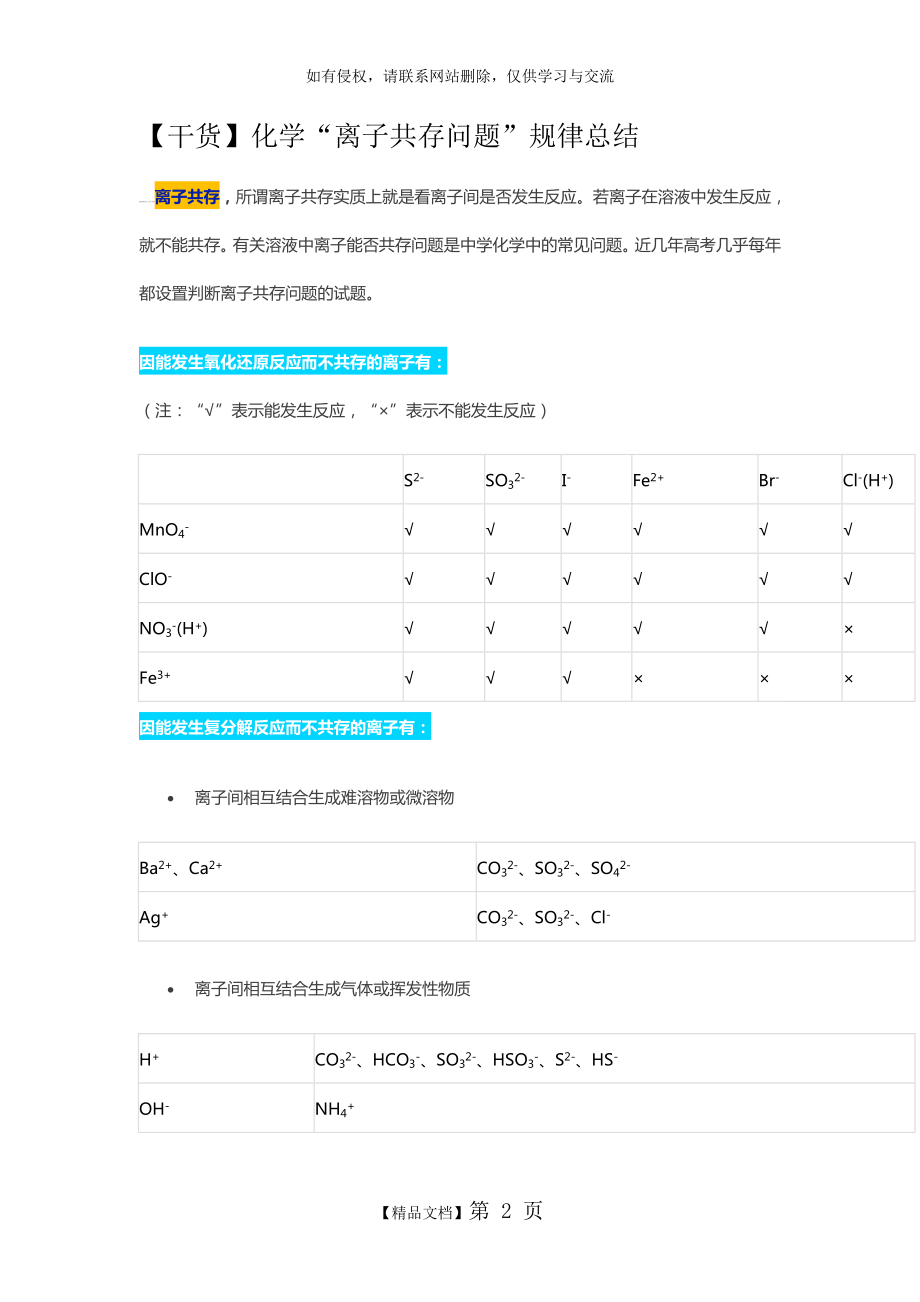化学“离子共存问题”规律总结.doc_第2页