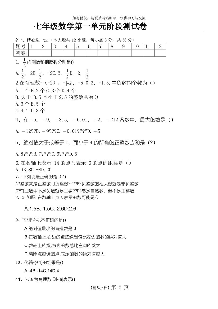 人教版新初一数学第一章第一单元测试题.doc_第2页