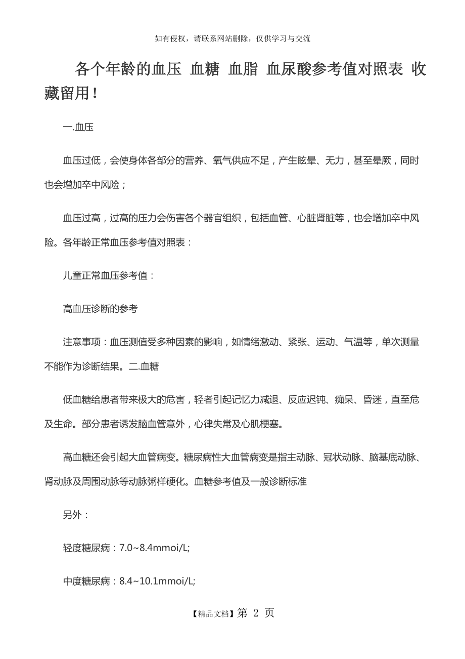 各个年龄的血压 血糖 血脂 血尿酸参考值对照表 收藏留用.doc_第2页