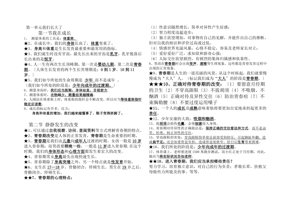 苏教版六年级科学下册第一单元我们长大了全面知识点归纳.docx_第1页