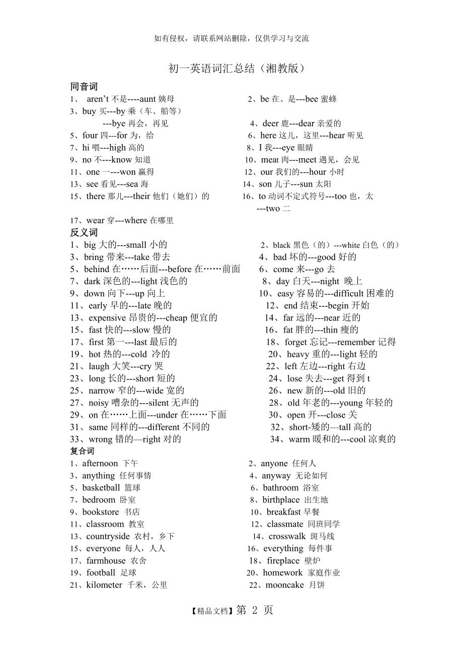 初一英语词汇总结(湘教版).doc_第2页