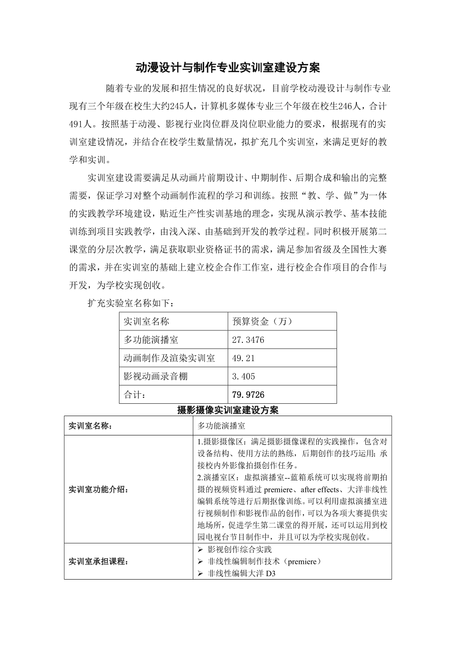 动漫设计与制作专业实训室建设方案.doc_第1页