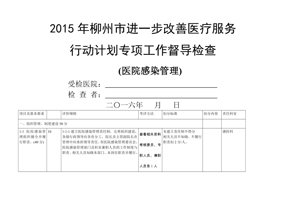 医院感染管理检查标准doc.doc_第1页