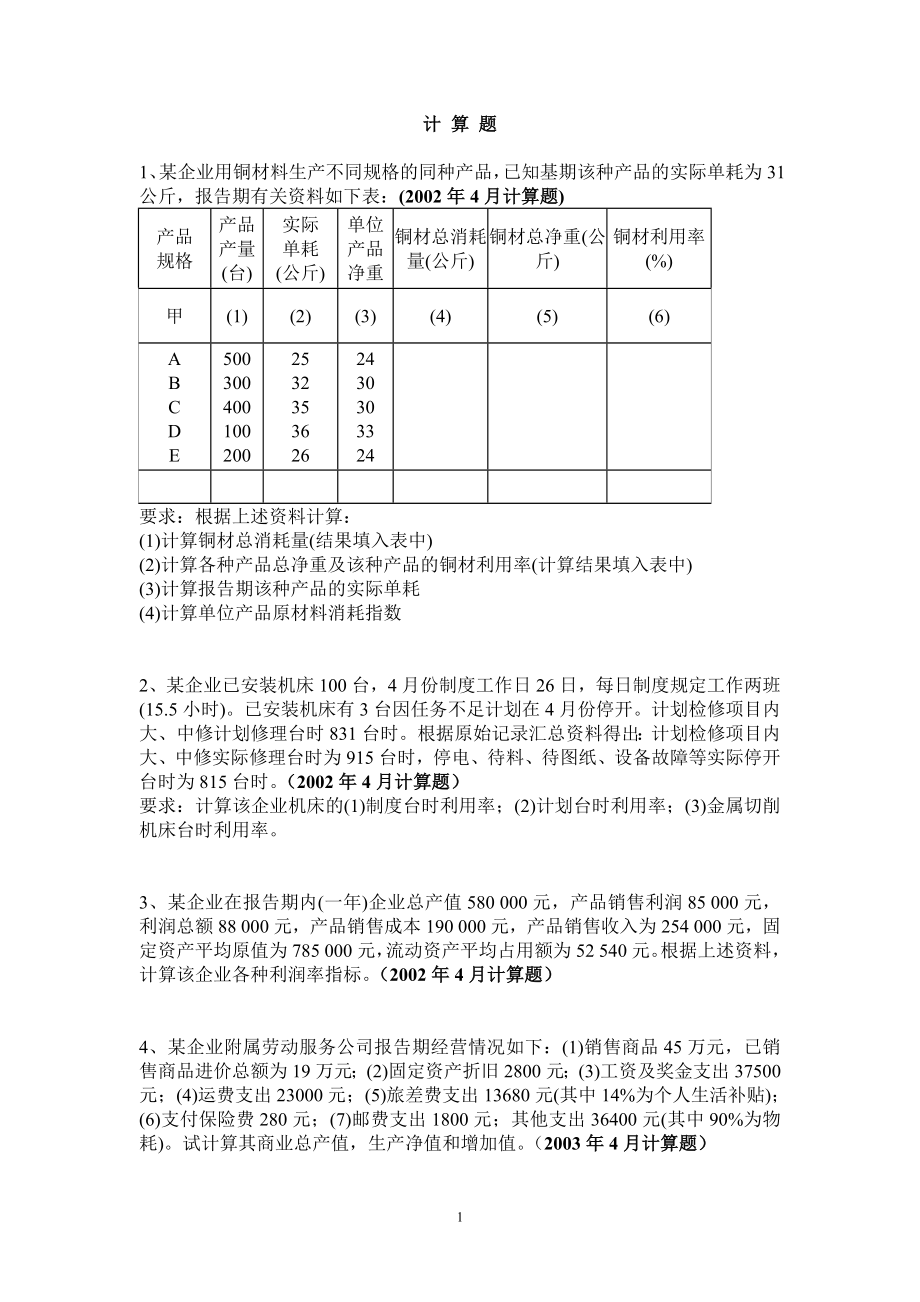 (自学考试)企业经济统计学计算题历年真题.doc_第1页