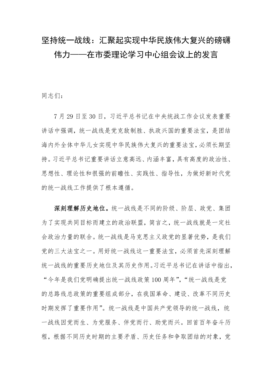 坚持统一战线：汇聚起实现中华民族伟大复兴的磅礴伟力——在市委理论学习中心组会议上的发言.docx_第1页