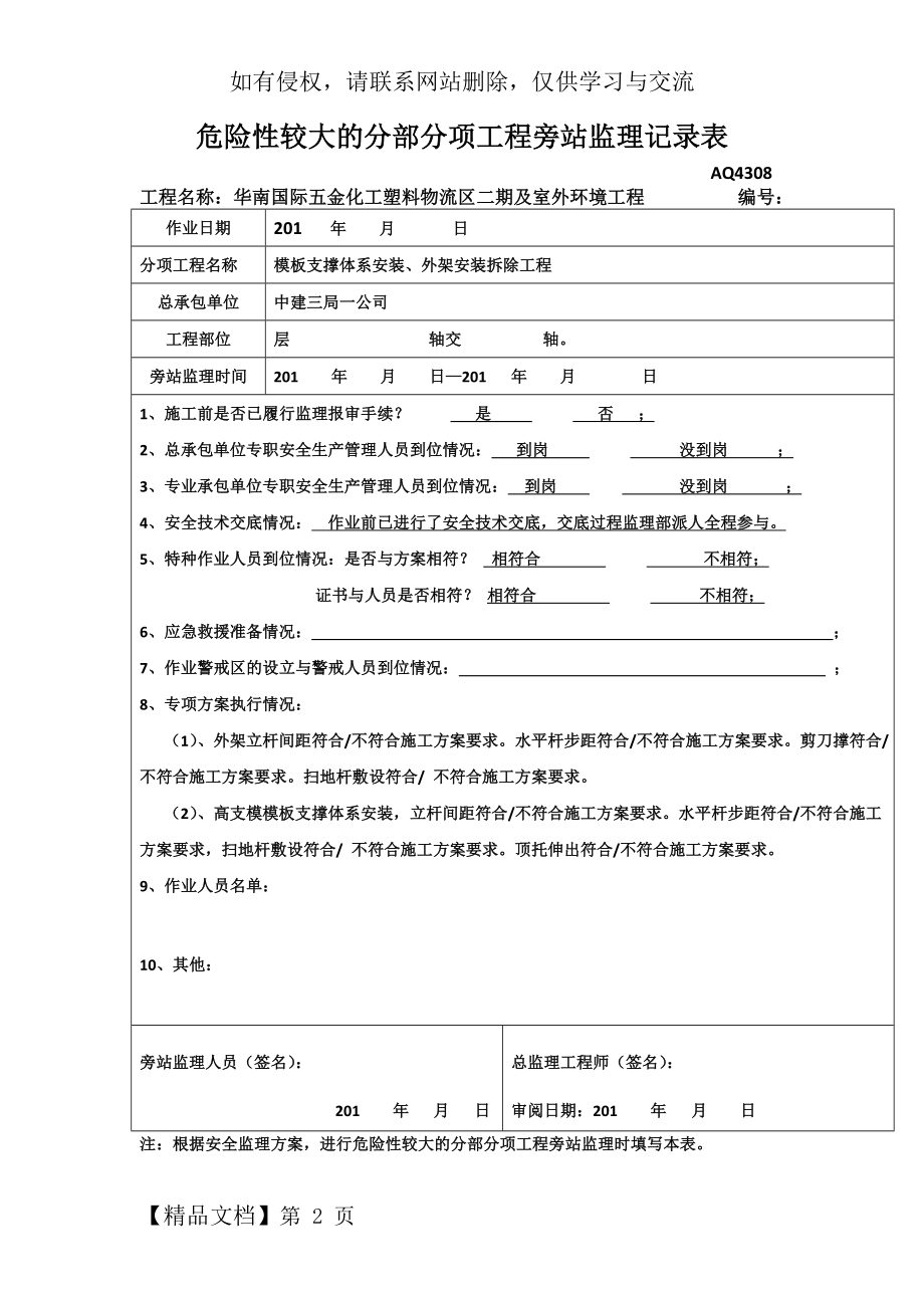 危险性较大的分部分项工程旁站监理记录表.doc_第2页