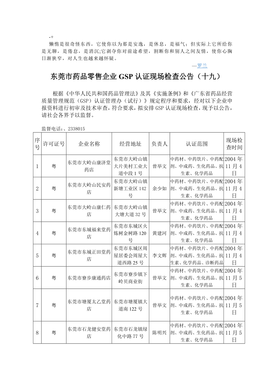 duvkve东莞市药品零售企业GSP认证现场检查公告十九.docx_第1页