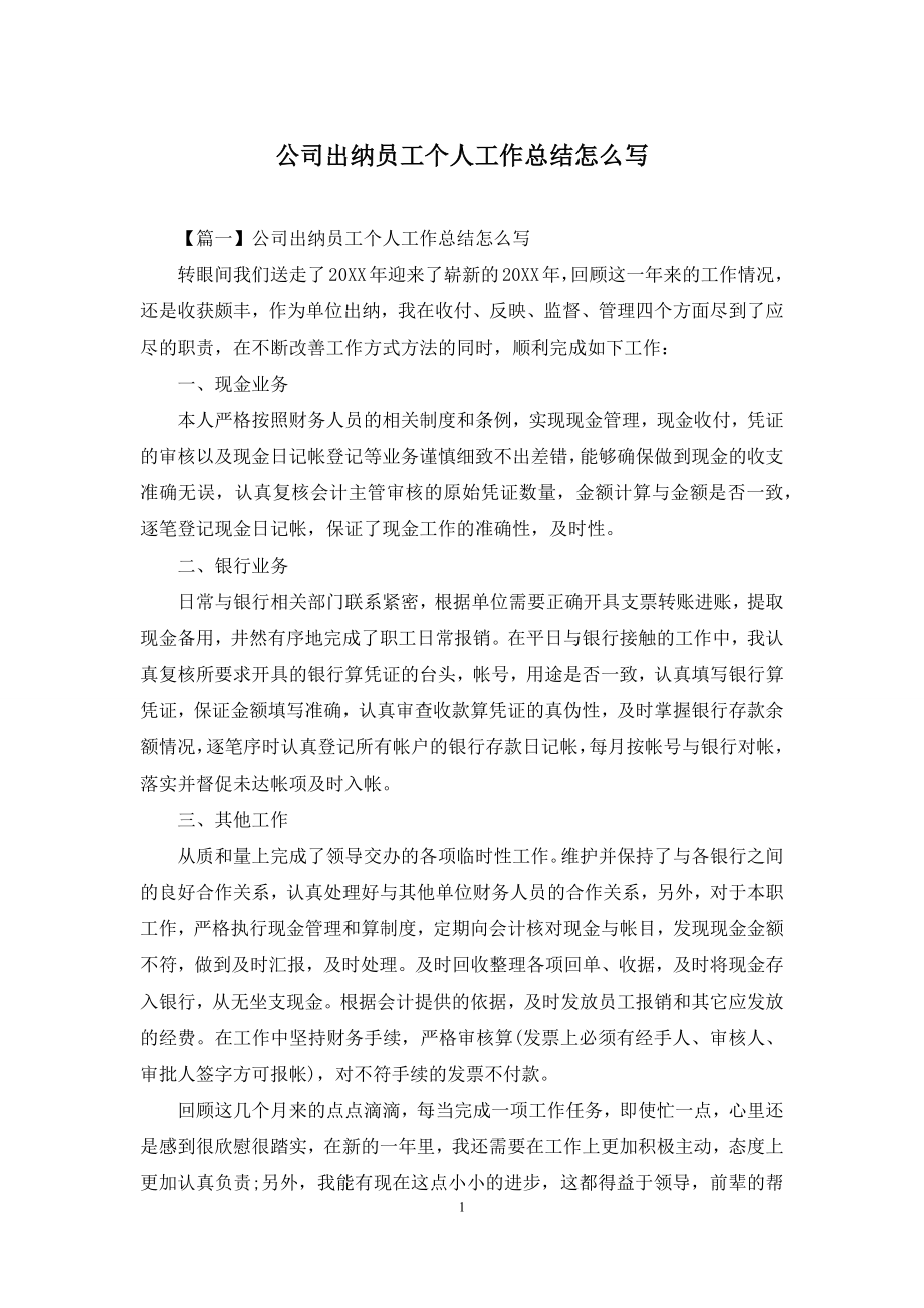 公司出纳员工个人工作总结怎么写.docx_第1页