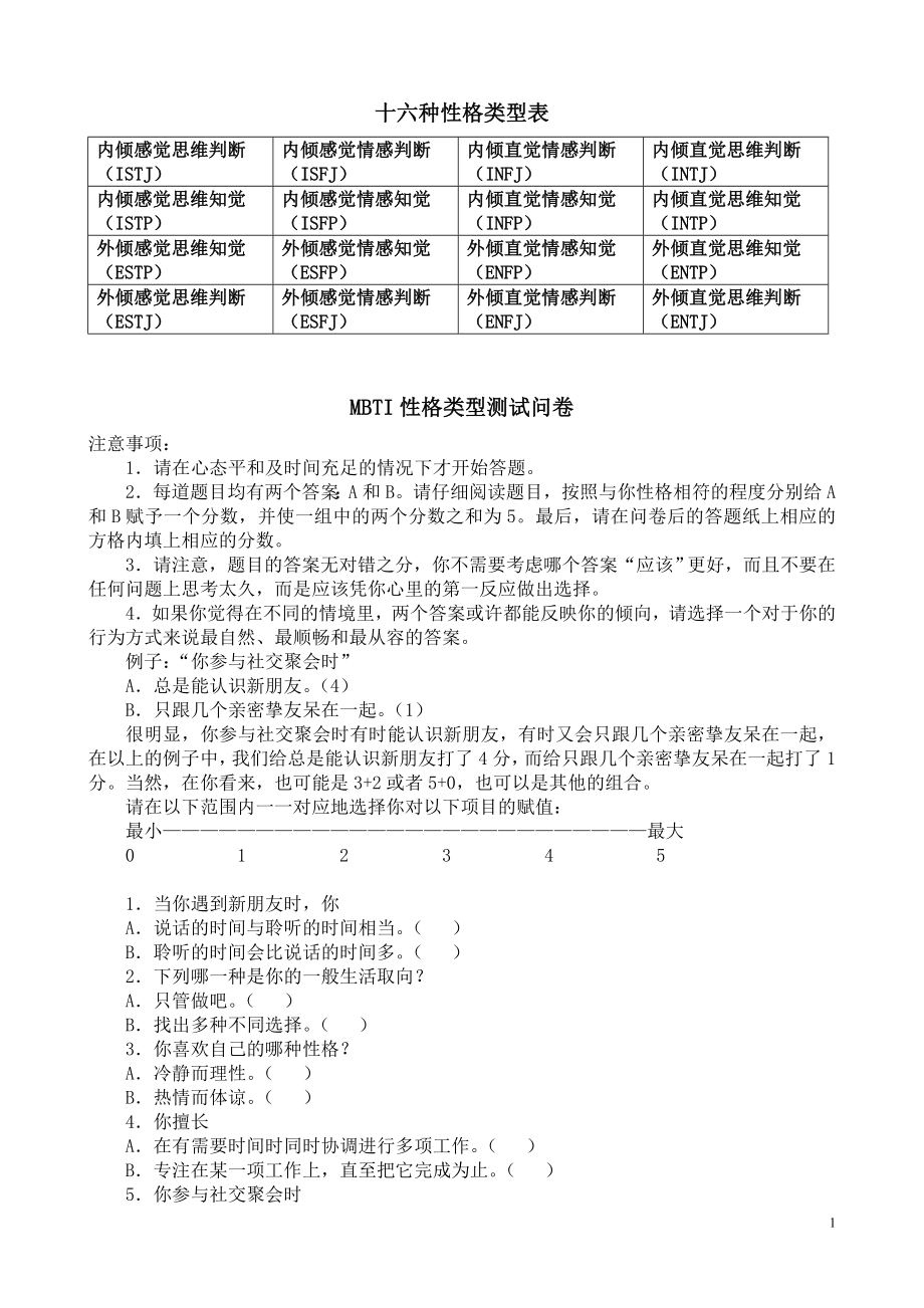 MBTI职业性格测试及解析(最完整版)60452.doc_第1页