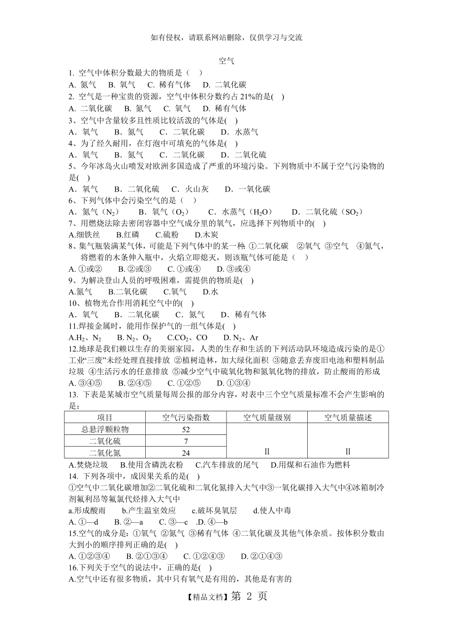 初三化学空气练习题及答案.doc_第2页