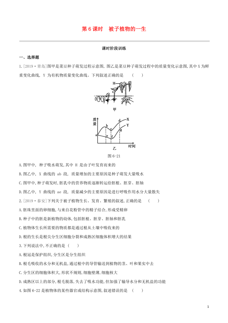 2021中考生物复习方案第三单元生物圈中的绿色植物第06课时被子植物的一生试题（含答案）.docx_第1页