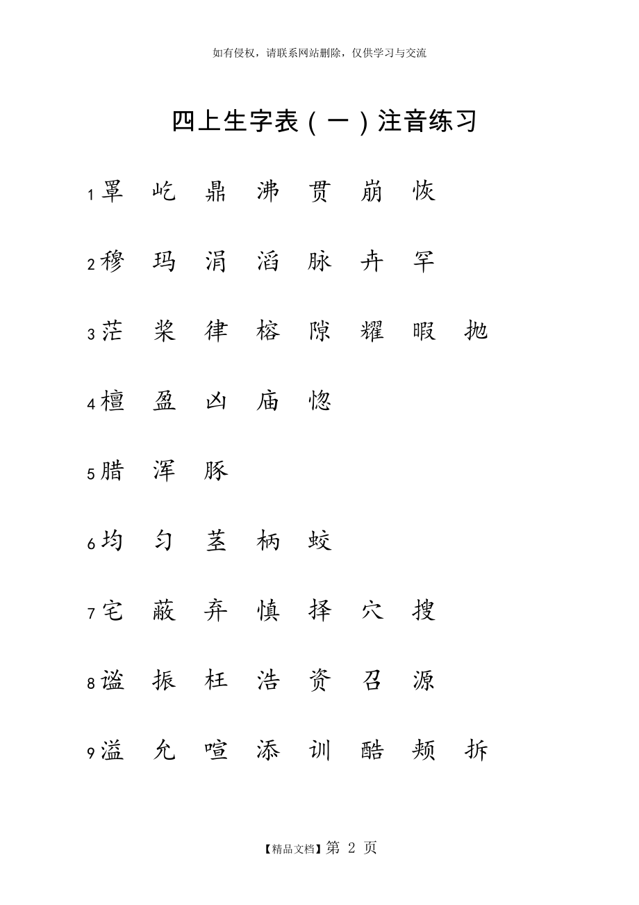 人教版四年级语文上册生字表注音练习.doc_第2页