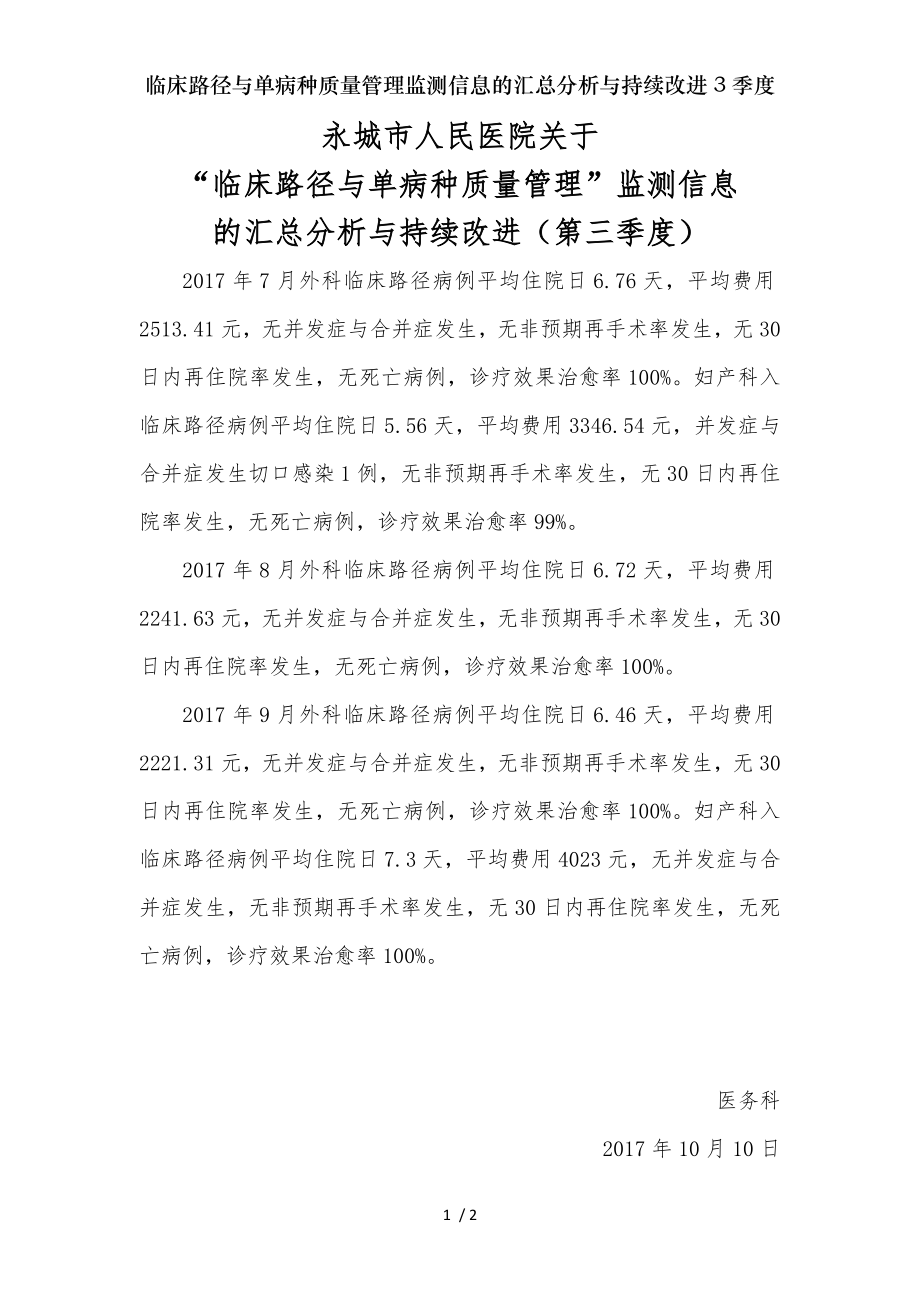 临床路径与单病种质量管理监测信息的汇总分析与持续改进季度.docx_第1页