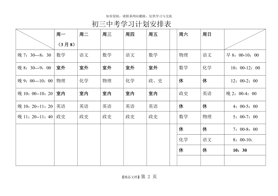 初三中考学习计划安排表.doc_第2页