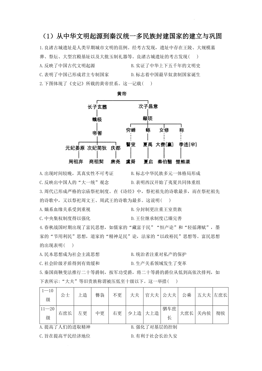 （1）从中华文明起源到秦汉统一多民族封建国家的建立与巩固 限时练--高考统编版（2019）高中历史必修中外历史纲要上一轮复习.docx_第1页