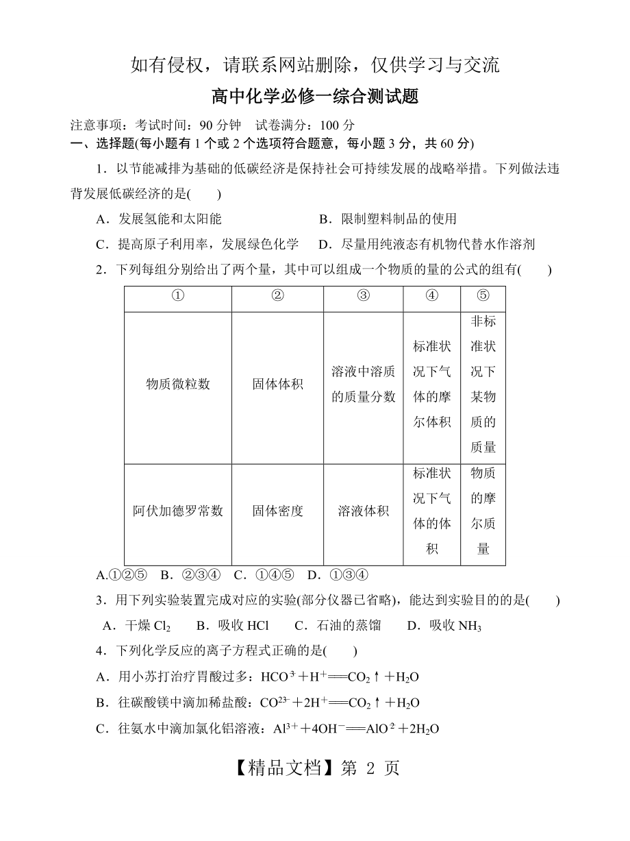 高中化学必修一综合测试题及解答.doc_第2页