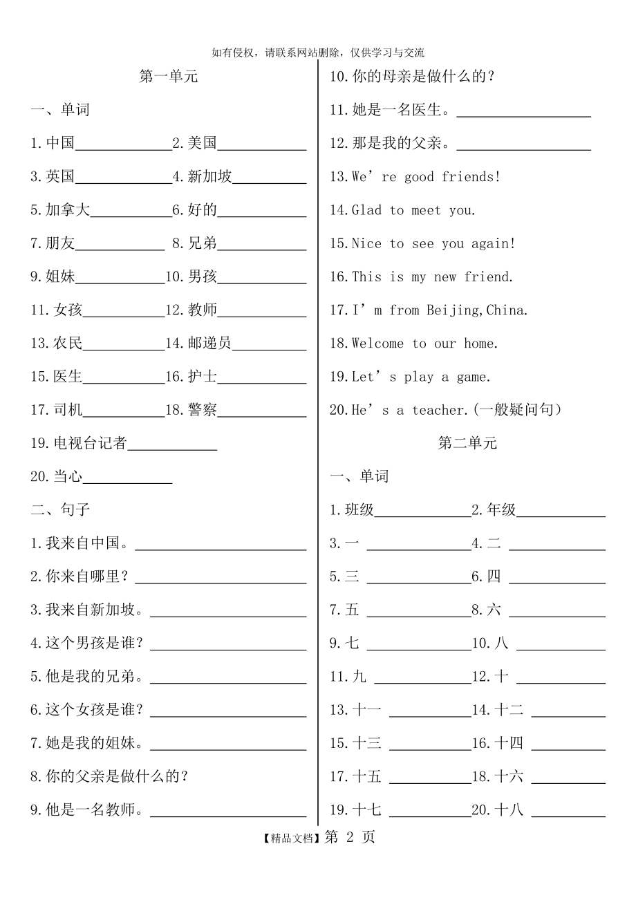 人教精通版四年级上册英语1~6单元重点词语及句子练习.doc_第2页